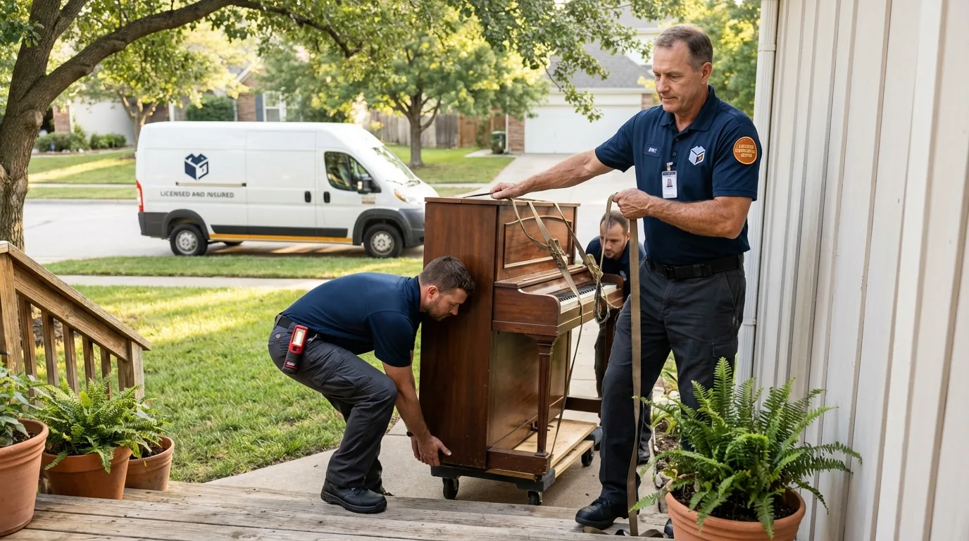Licensed piano movers securing grand piano in Ava, MO
