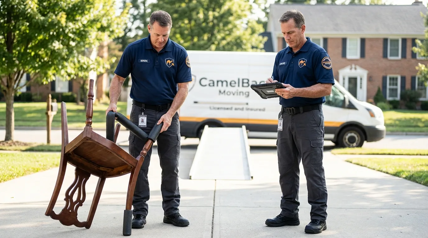 Movers inspecting furniture for damage prevention before loading in Ava, MO